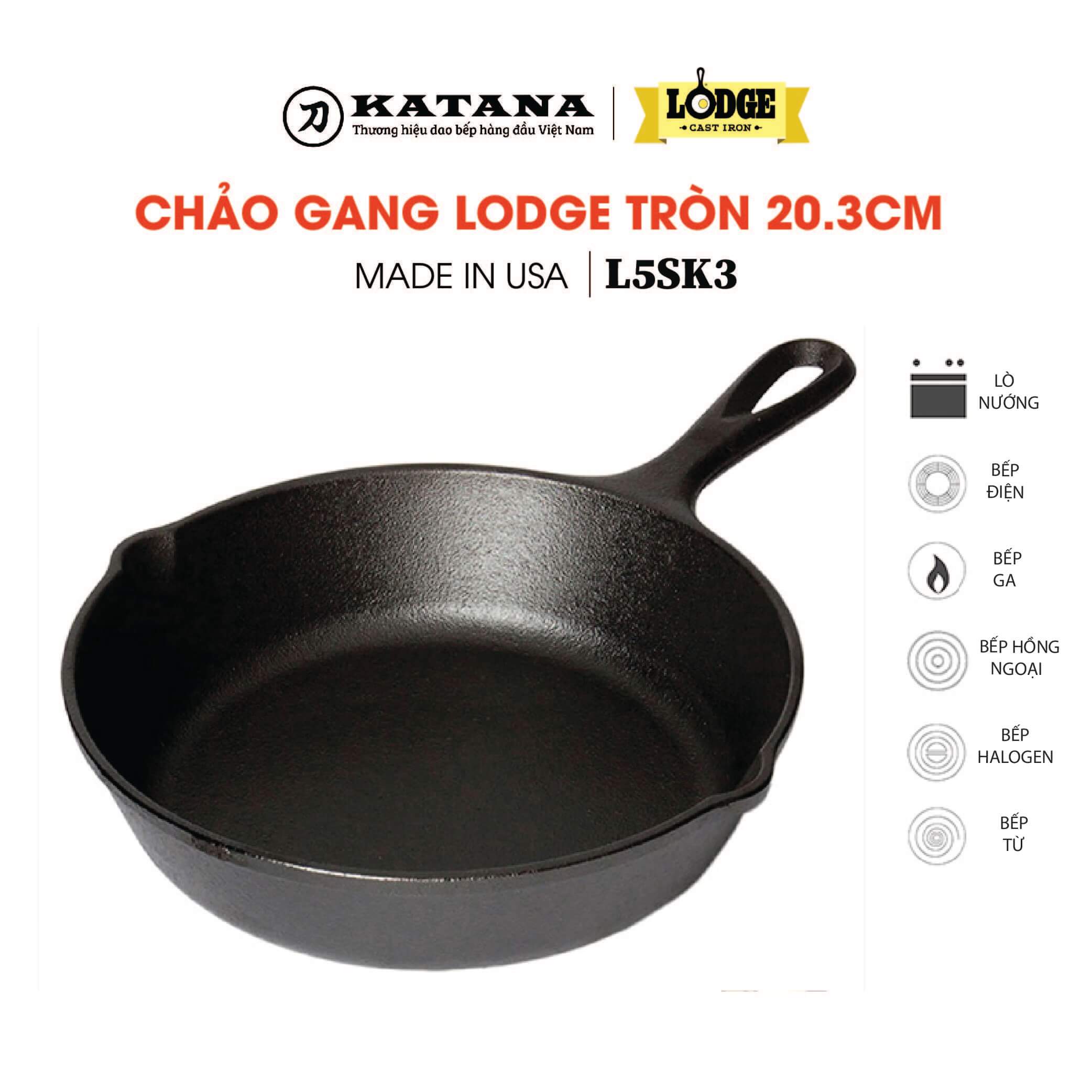 Chảo gang nướng Lodge 20.3cm - Chảo bít tết gang đen siêu bền không dính tự nhiên nhập khẩu từ Mỹ - Bảo hành chính hãng L5SK3