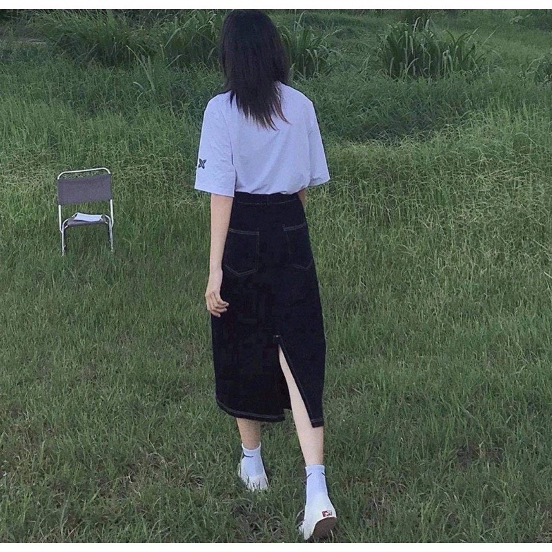 [Ảnh thật/video] Chân Váy Jeans Dài Cạp Cao Xẻ Gấu Chỉ Nổi Phong Cách Ulzzang Hàn quốc