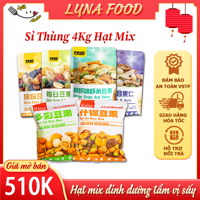 Sỉ 1 thùng 4kg gói hạt mix dinh dưỡng ganyuan 30g, hạt đậu mix trái cây sấy giòn, hạt ngũ cốc sấy khô tẩm vị nội địa trung