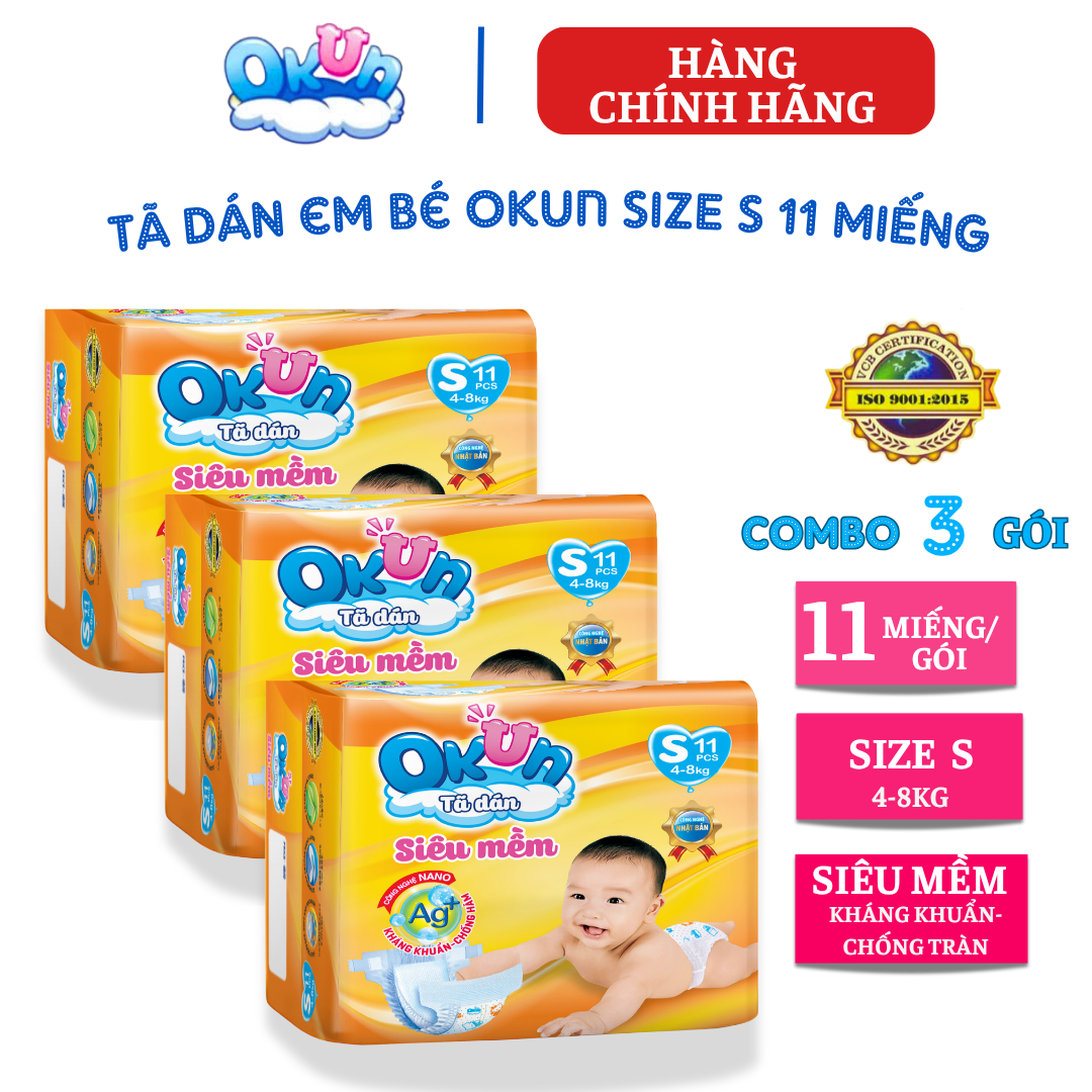 {Hàng chính hãng} Tã dán Okun 1 gói size S 11 miếng, size M 10 miếng, size L 9 miếng. Tã dán em bé siêu mềm khô thoáng chống hăm chống tràn