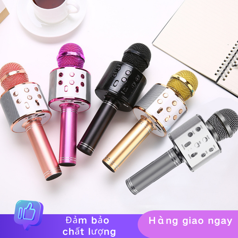 WS-858 Mic Hát Karaoke Bluetooth KL Không Dây Kèm loa Âm vang Ấm mic hát karaoke cầm tay mini micro hát trên xe hơi mic hát karaoke livestream hay nhất hiện nay, màu ĐEN-BẠC-HỒNG