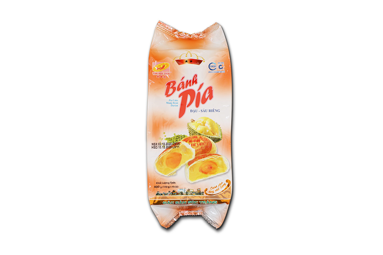 BÁNH PÍA ĐẬU XANH SẦU RIÊNG 2 sao (400g x 4) Tân Huê Viên