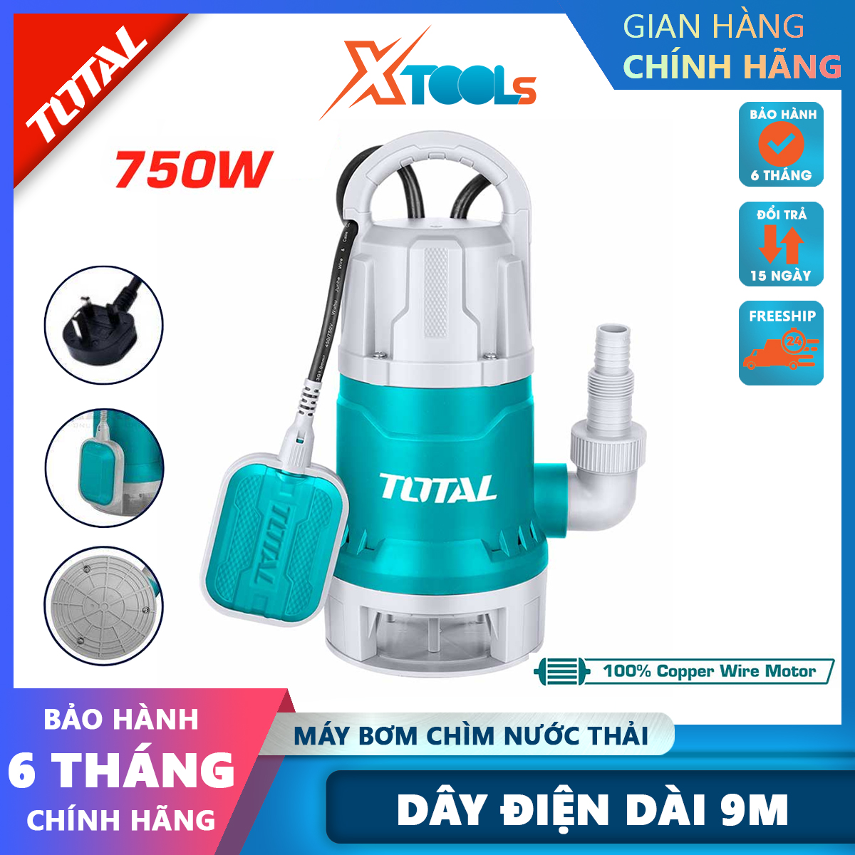 Máy bơm chìm nước thải mini Total 220v 750W(1.0HP) hút sâu 7m lưu lượng nước 216L/P, motor dây đồng, ống hút 1" bảo hành  6 tháng xtools