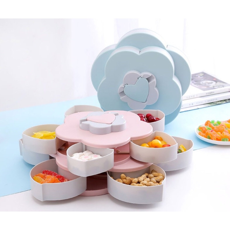 ""khay mứt bánh kẹo tết 2 tầng xoay hình cánh hoa, hộp đựng mứt kẹo tết, khay đựng mức tết loại đẹp""