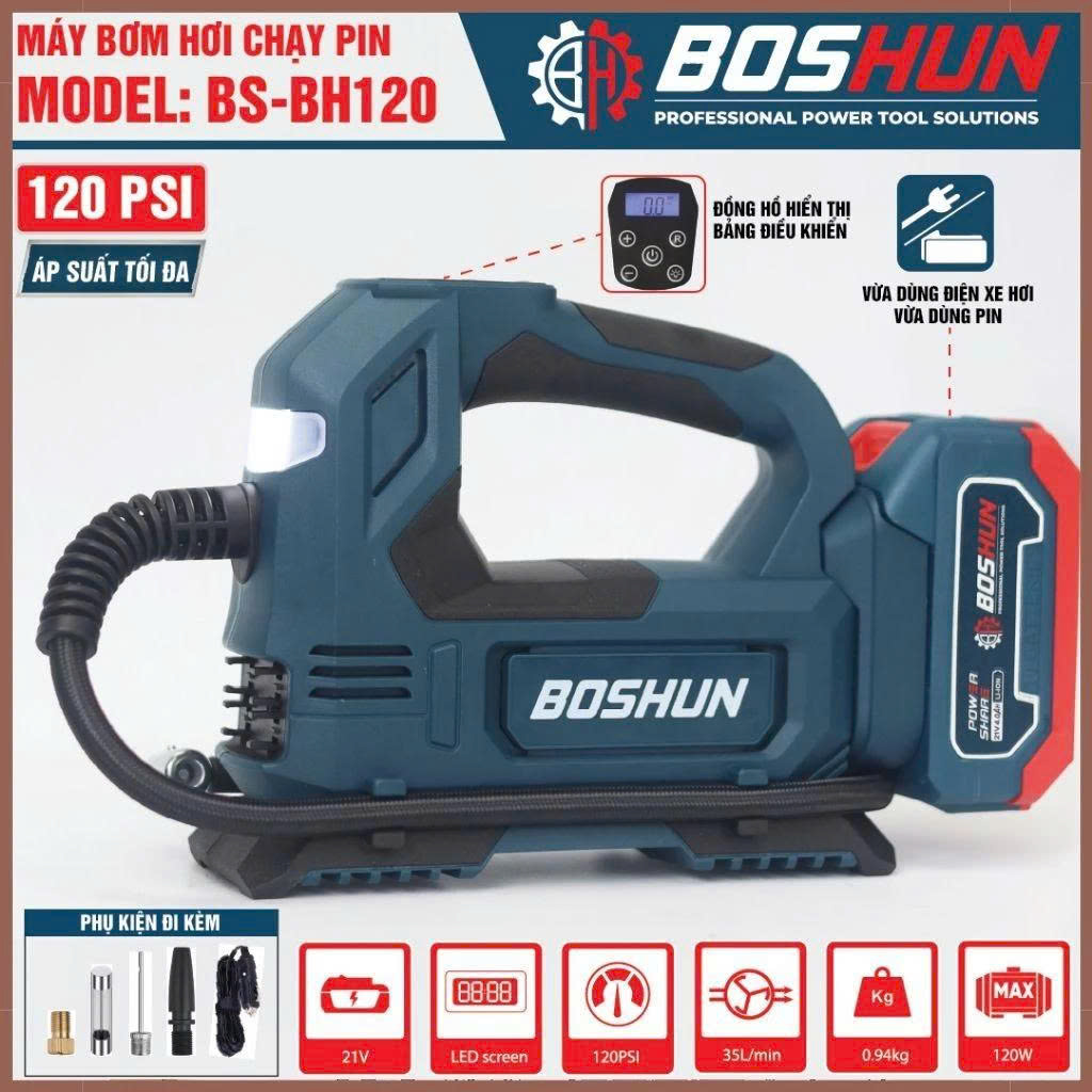 Boshun Bs-Bh120 Battery-Powered Air Pump – 120 Psi, 21V, for Cars, Motorcycles, Bicycles – Versatile, Compact, Easy to Use Giá 1,188,000 Đồng*Miễn phí vận chuyển
