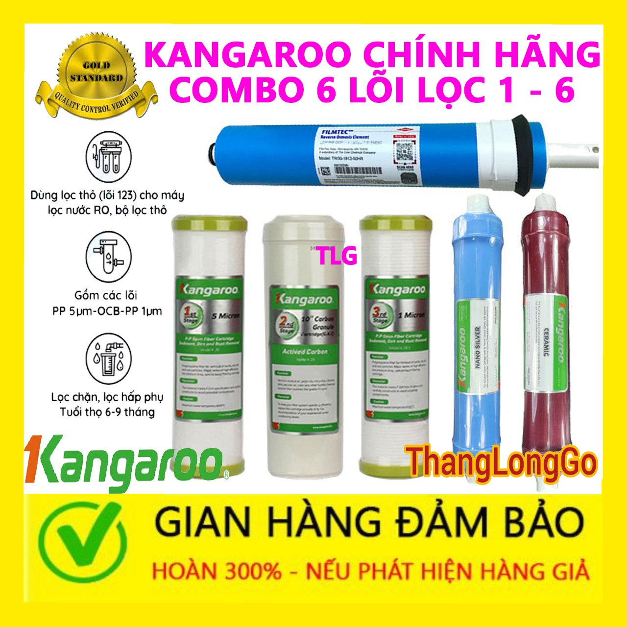 COMBO 6 LÕI LỌC NƯỚC KANGAROO SỐ 123456 | GỒM BỘ 123 - RO DUPONT MỸ - NANO - CERAMIC