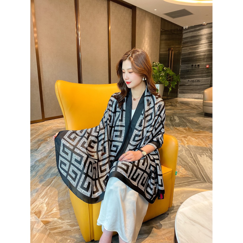 Khăn lụa dài 180x90cm- khăn choàng dài cao cấp họa tiết thanh lịch trang nhã.