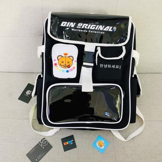 Balo bin original ss2 vải bố phối da bóng