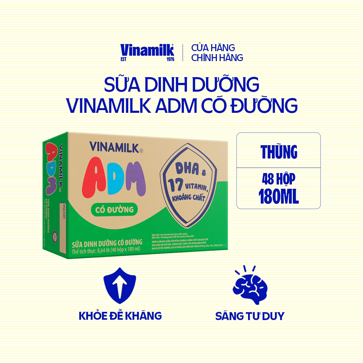 2 Thùng sữa tiệt trùng Vinamilk ADM Gold IQ có đường 180ml 48 hộp/thùng