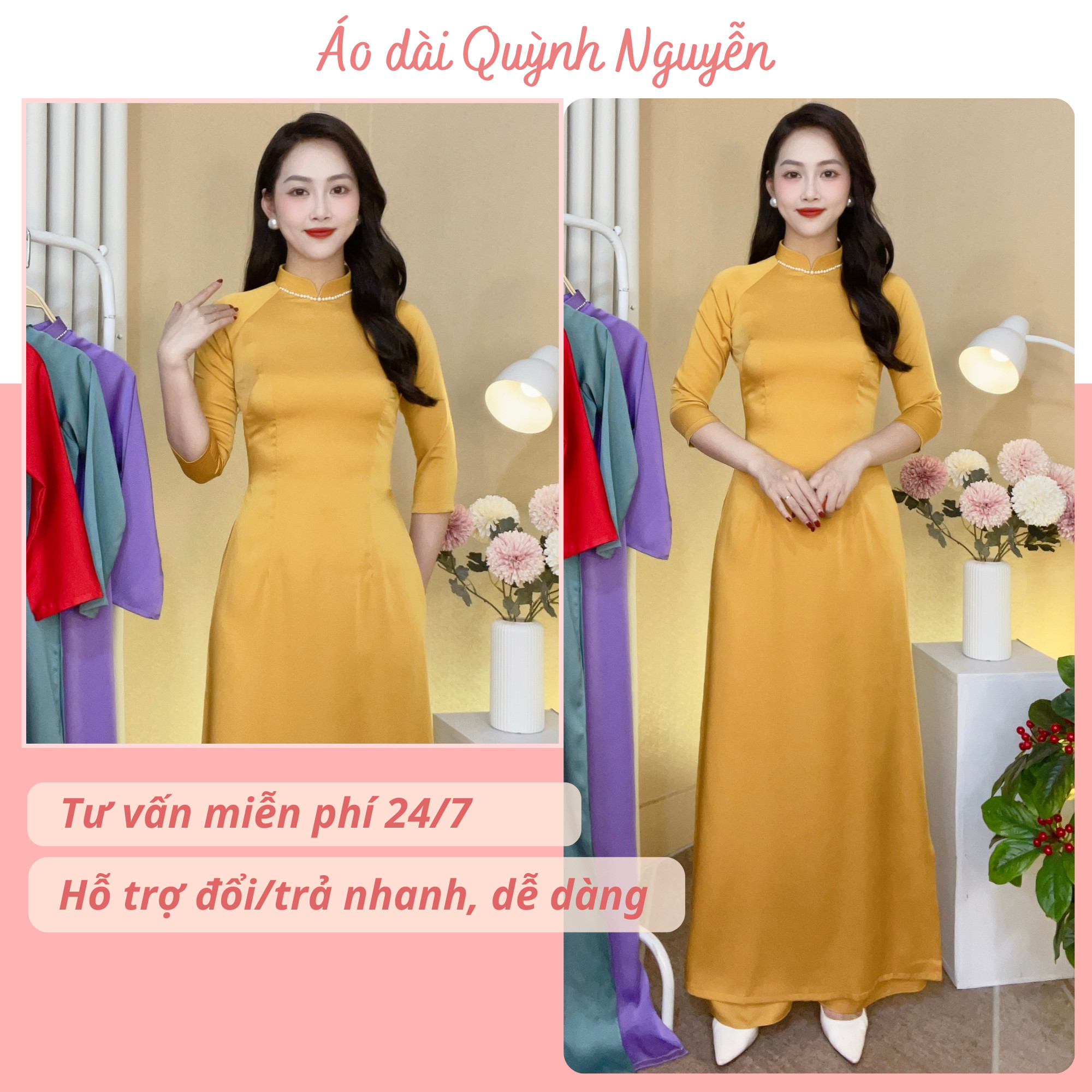 Áo dài cách tân áo dài trơn lụa ngọc trai cao cấp MÃ T1 VÀNG