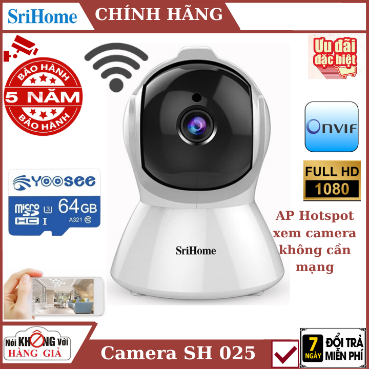 ( Tùy chọn kèm thẻ nhớ 64Gb yoosee ) Camera wifi IP không dây Srihome SH025 2.0MPX , theo đõi chuyển động thông minh , AP hotspot xem ngoại tuyến không cần mạng , camera an ninh , camera giám sát , camera mini , camera ip , camera 360