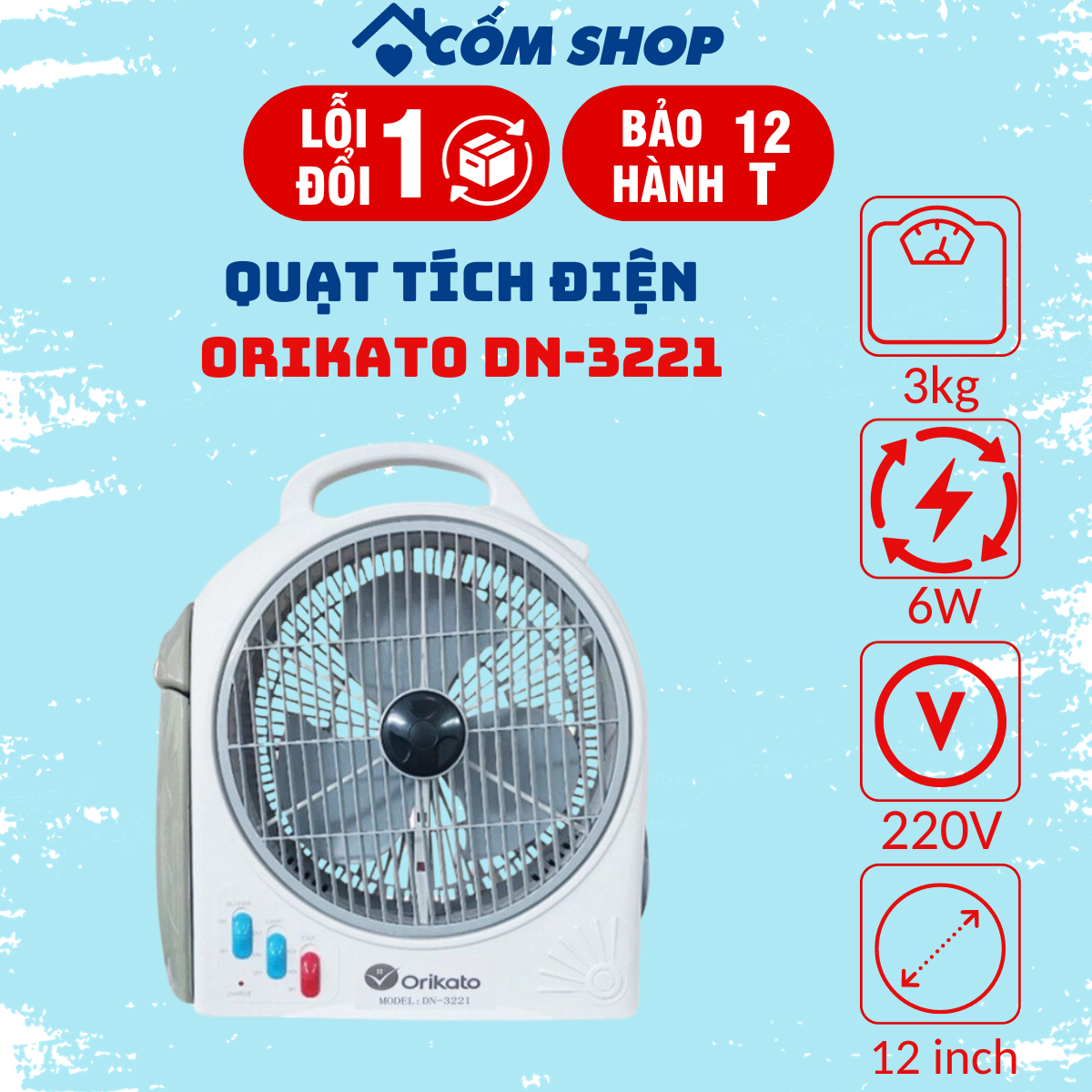 Quạt tích điện to orikato dn-3221 2 bình ắc quy, quạt ắc quy 2 bình kèm đèn chiếu sáng tiện dụng