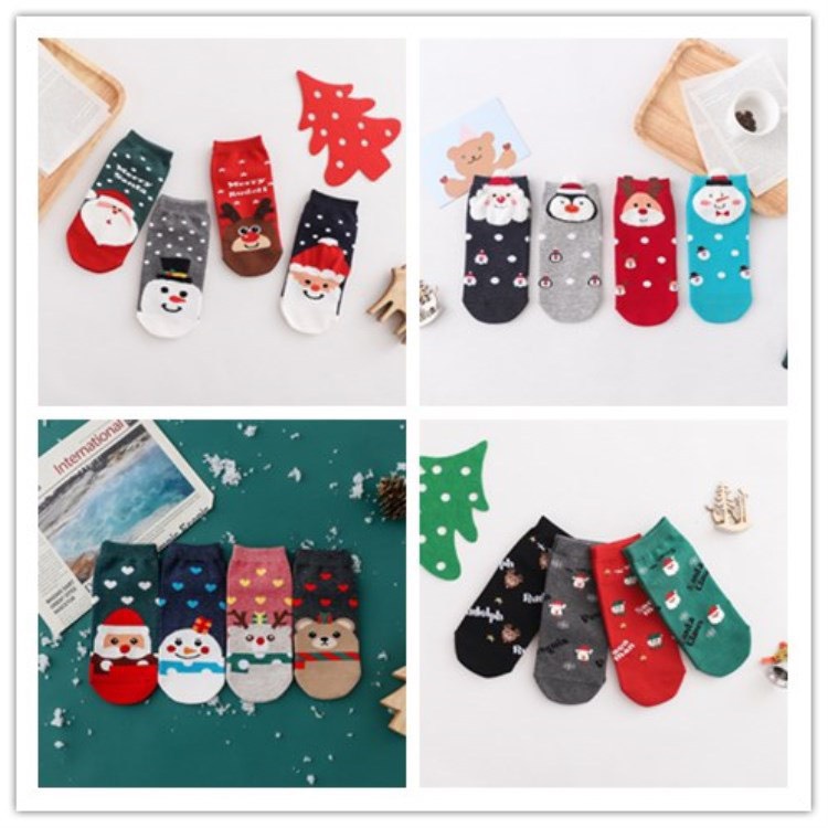 Vớ Ngắn Noel 4 Đôi Cotton In Họa Tiết Cổ Ngắn Noel Hoạt Hình Vui Nhộn Tất Nữ Phong Cách Nhật Hàn Giáng Sinh Ulzzang