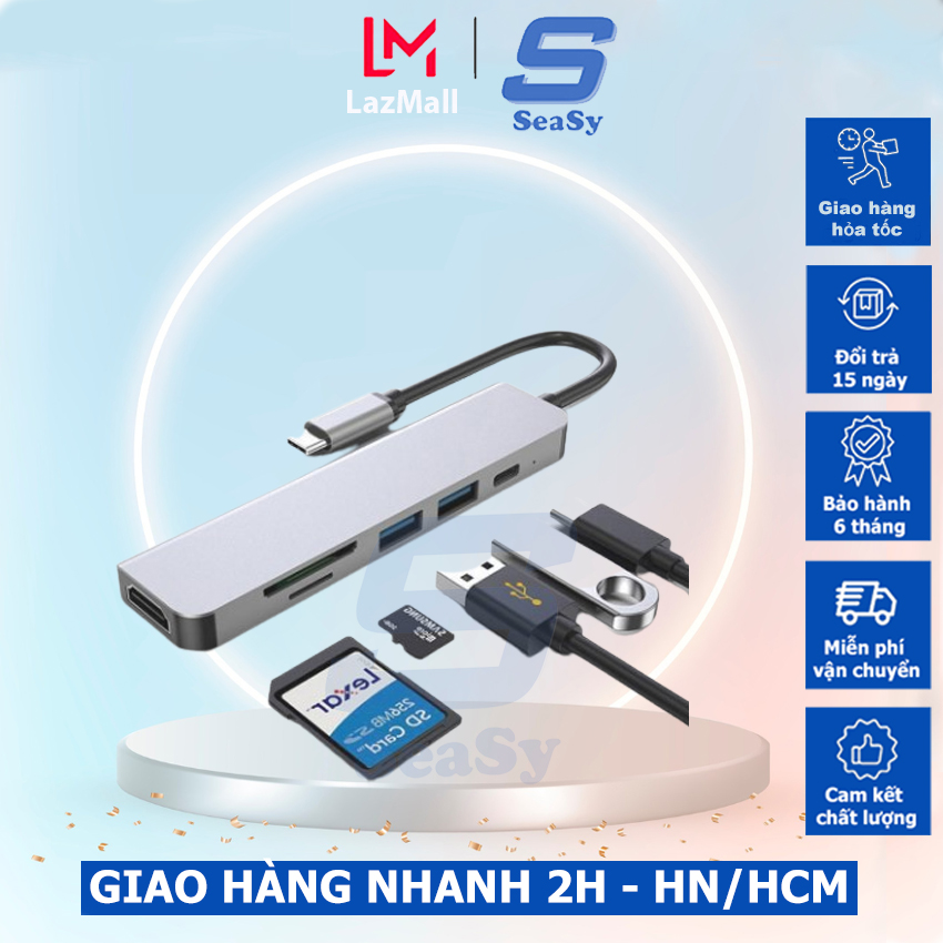 Hub chuyển đổi USB TypeC 6 trong 1 SEASY SS26, Cổng chuyển đổi HUB USB TypeC to HDMI, 1 cổng HDMI 4k UHD , 3 cổng USB 3.0, 2 khe đọc thẻ nhớ SD và TF, Kết nối nhiều thiết bị với tốc độ cao, Dùng cho Điện thoại/Laptop/PC/Macbook