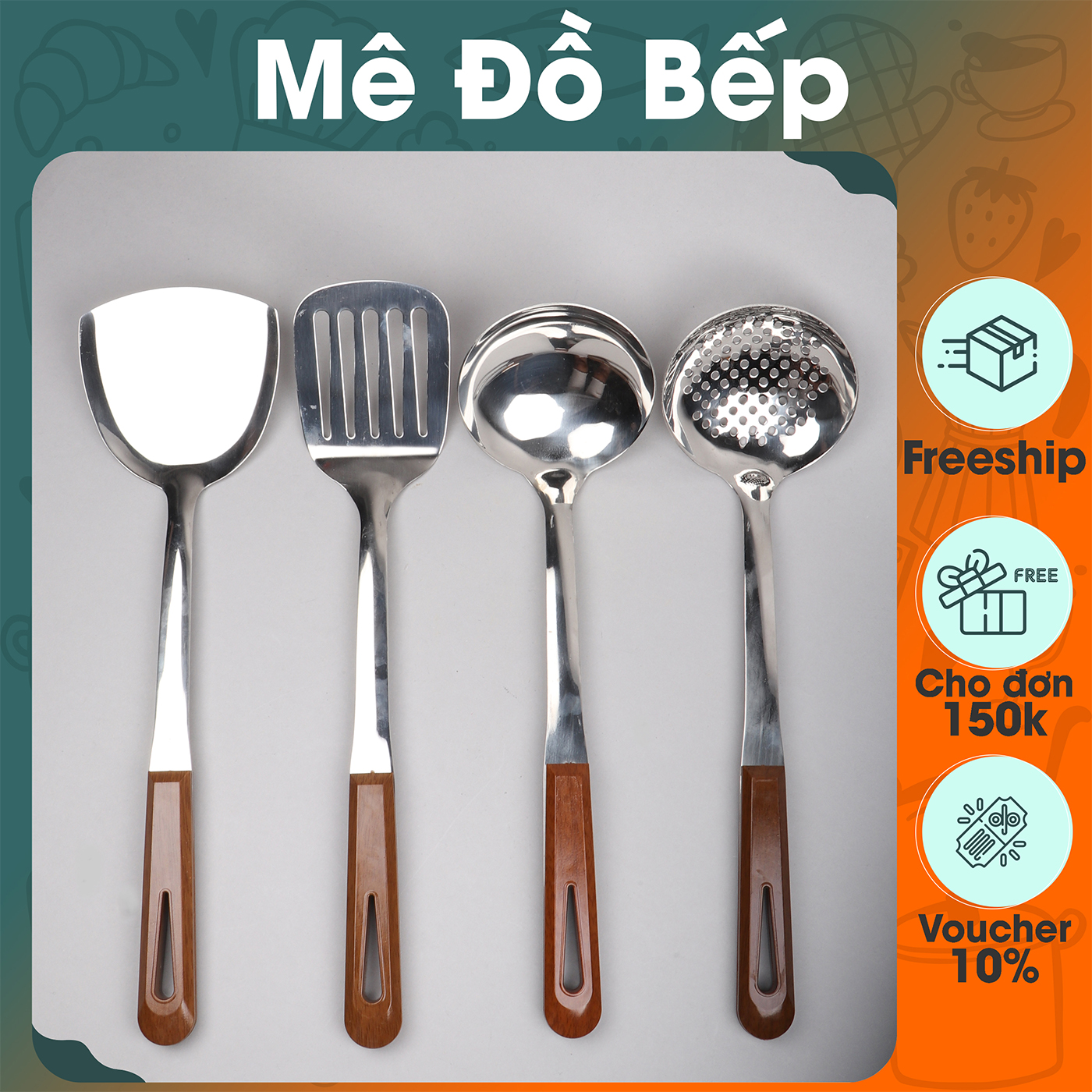 Set Xẻng đặc, Xẻng lỗ, Vá đặc, Vá lỗ inox Bam House cán nhựa hoạ tiết gỗ loại lớn cao cấp siêu bền SCG01 - Gia dụng bếp