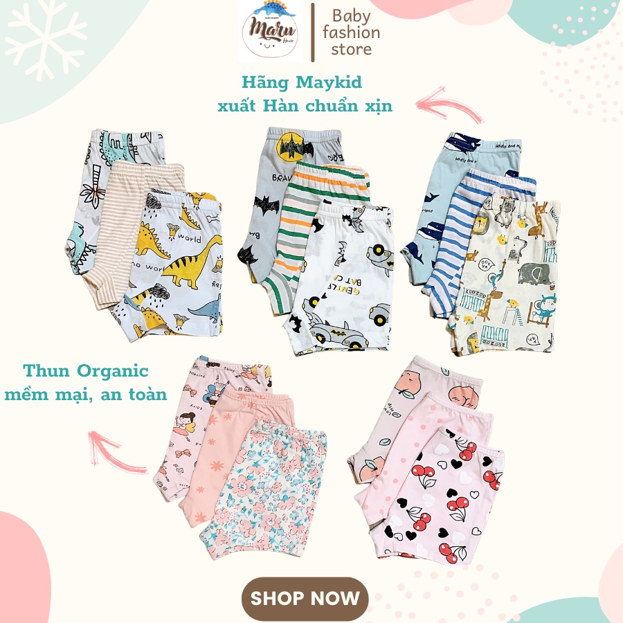 [Maruhouse]Set 3 Quần Chip Đùi Maykids Organic An Toàn Xuất Xịn Hình Cực Xinh Cho Bé Trai Bé Gái