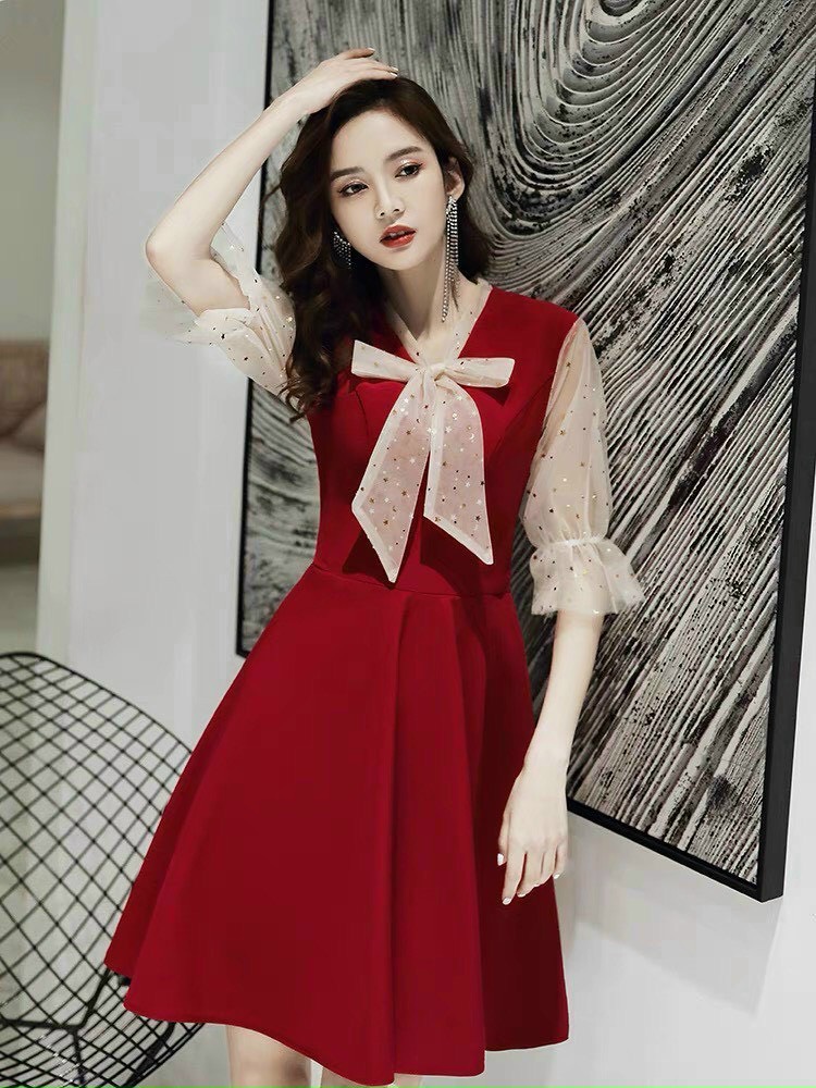Đầm xòe nữ dự tiệc phối lưới nơ tiểu thư đài các csc