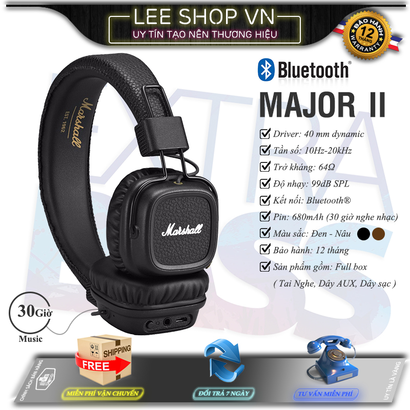 Tai nghe marshall major 2 bluetooth lee shop vn - kèm quà tặng hấp dẫn - nghe nhạc lên đến 30 giờ - đẳng cấp âm thanh đỉnh cao