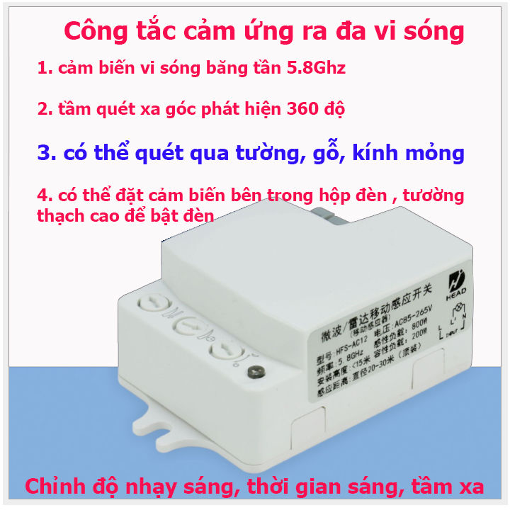 Công tắc cảm ứng vi sóng 5.8GHZ bật tắt đèn khi có người qua-cảm biến xuyên tường, nhựa, kính mỏn