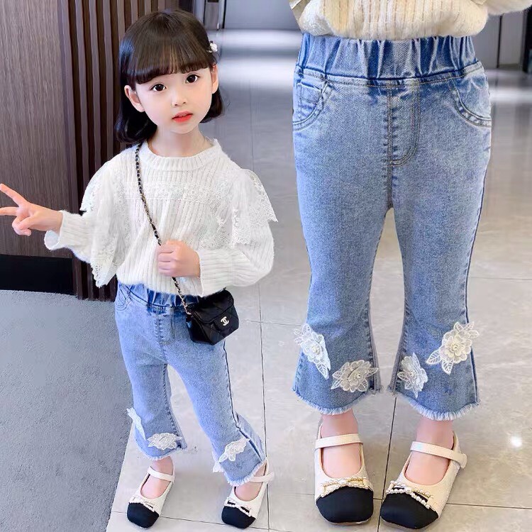 Quần loe mẫu ren hoa cho bé siêu sành điệu, quần bò bé gái 10-22kg