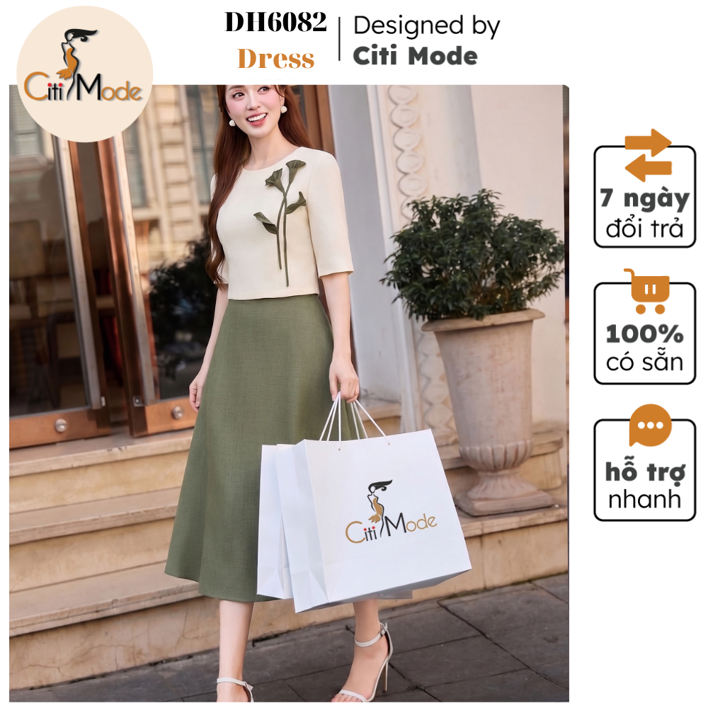 Citi Mode Fashion Office Dress Designed with Moss Green Flared Dress and Floral Embellished Crop Top with Short Sleeves Dh6082