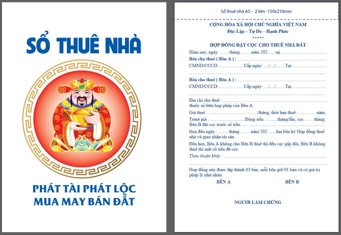 Hợp đồng cho thuê nhà đất - sổ cho thuê nhà đất - size a5 45k/c, size a4 90k/c
