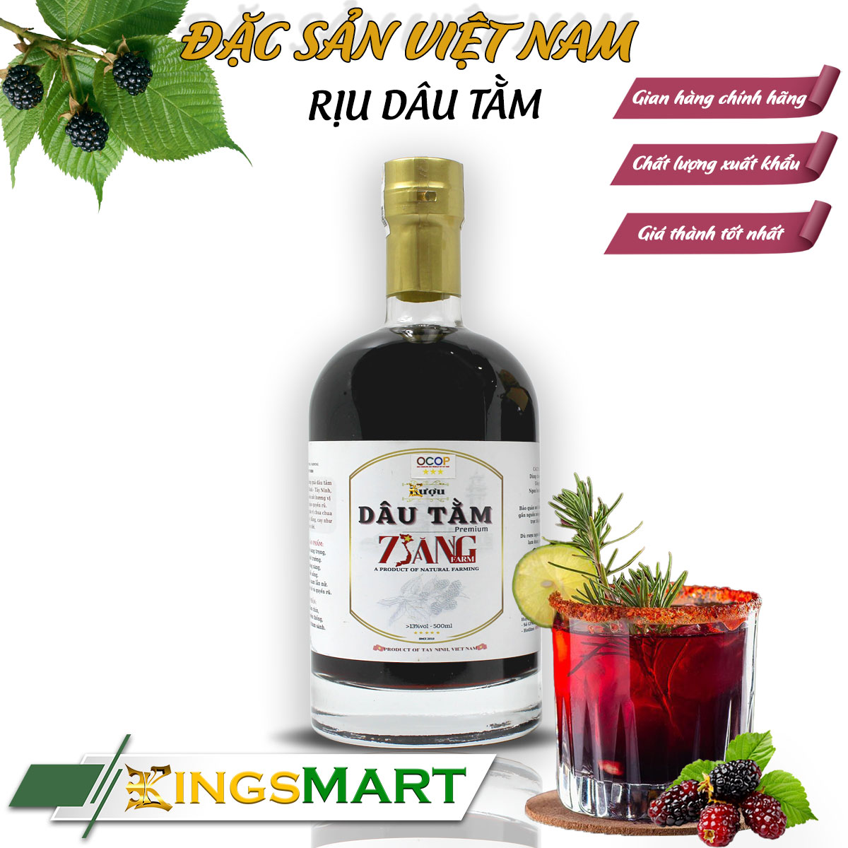Premium Mulberry Juice Naturally Grown - 7 Sang Brand - Tay Ninh Specialty - 500ml Glass Bottle - Kingsmart
