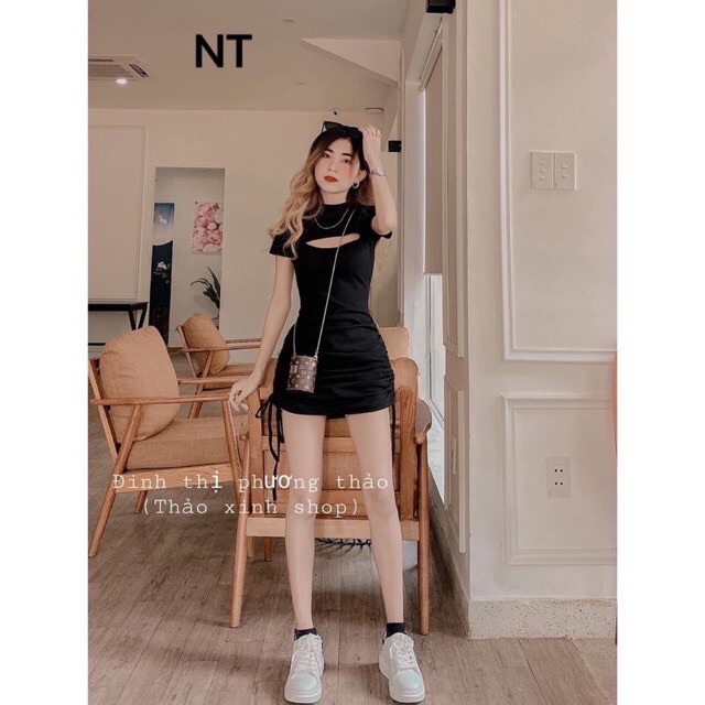 Đầm Body Hở Ngực Rút Dây Chất Gân Tăm Cao Cấp