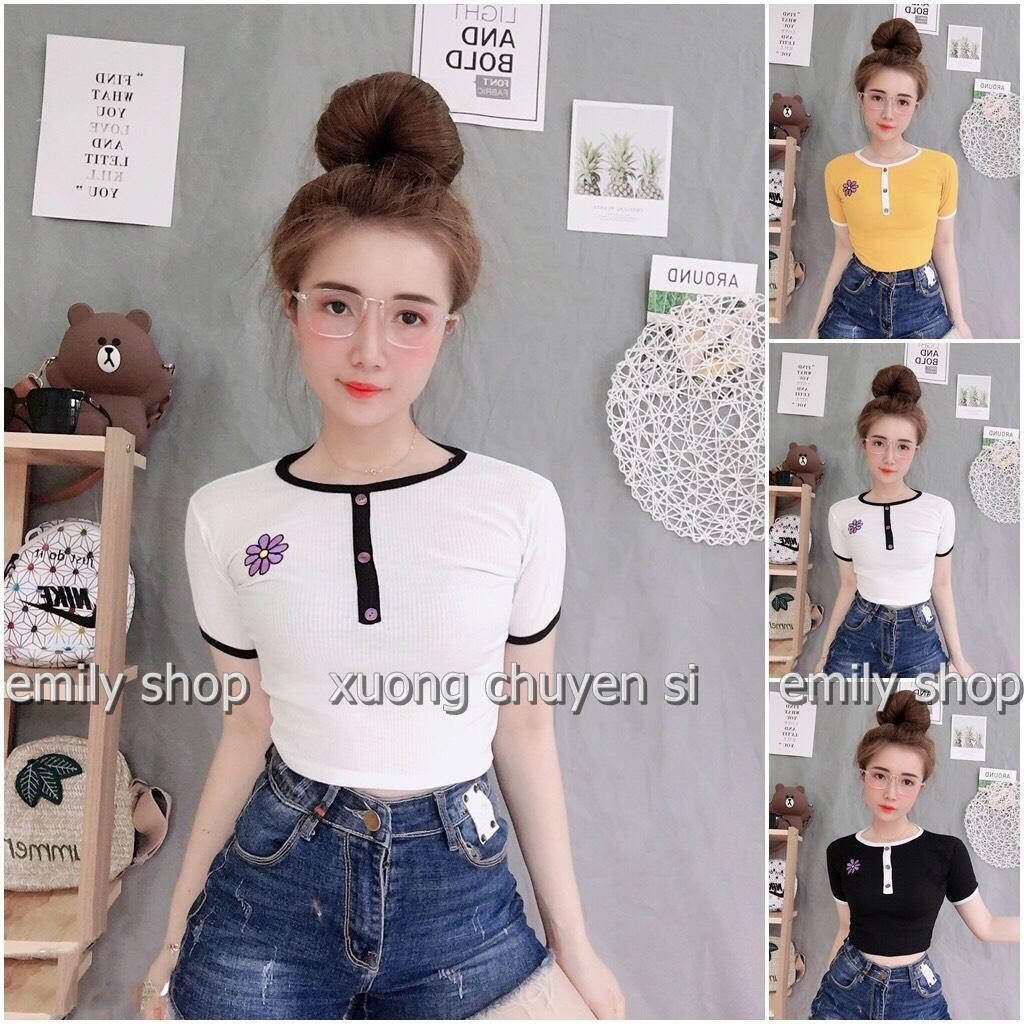 [HCM]Áo Thun Croptop Nữ Ôm Body Thêu Hoa Cúc Kết Hợp Cúc Áo Trước Ngực Trẻ Trung Cá Tính Otis EVA AO 10357