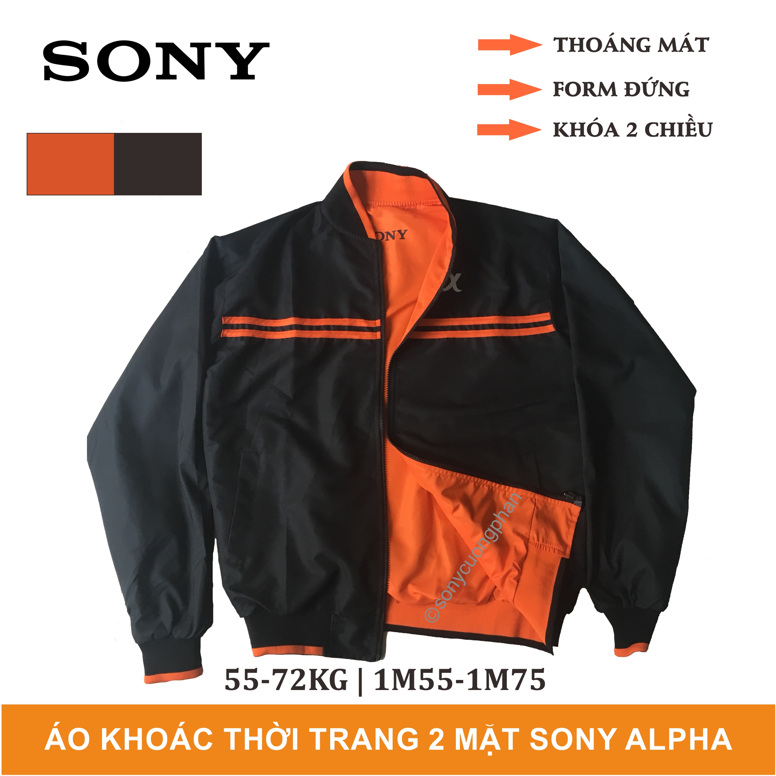 Áo khoác nam thời trang Sony Alpha CP02 - 2 mặt Đen Cam