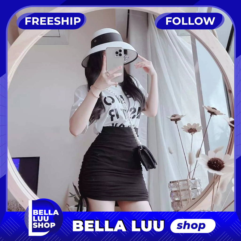 Sét áo và chân váy rút dây 2 bên xinh xắn áo in chữ và chân váy ôm cá tính thời trang Bella Luu Shop