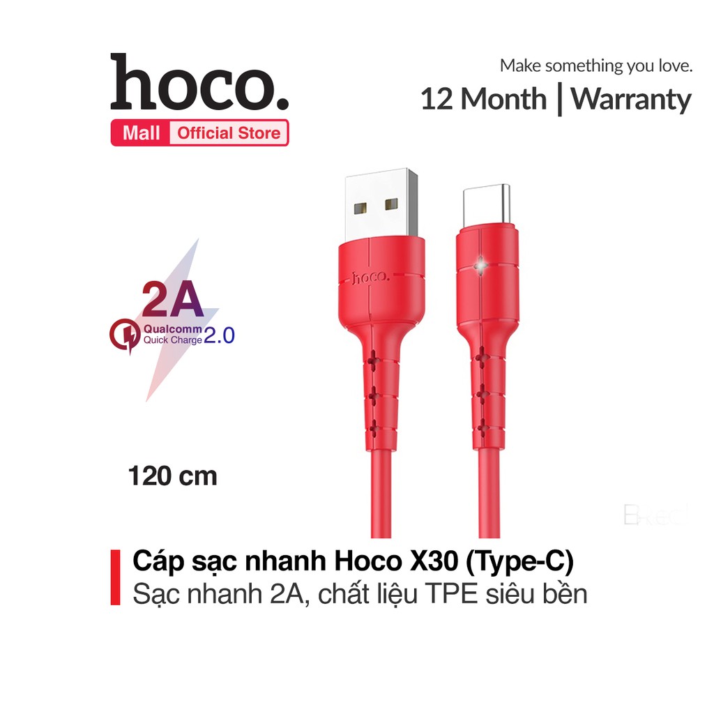 Cáp sạc usb type c hoco x30 dài 1.2m sạc nhanh 2.0a có đèn led báo sạc