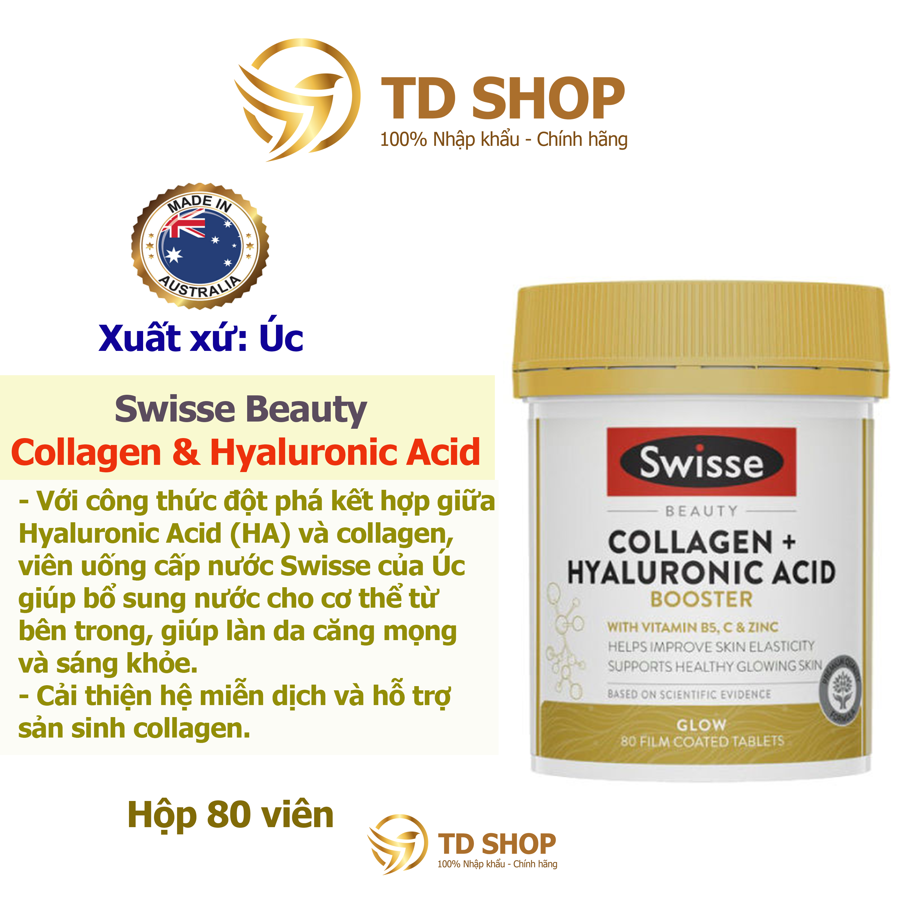 Viên uống bổ sung Collagen Hyaluronic Acid chuẩn Úc Swisse Beauty Collagen