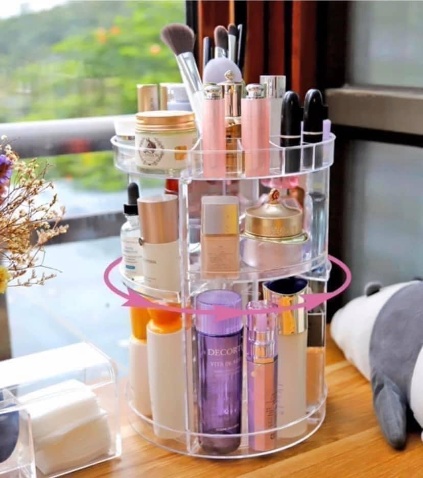 Kệ đựng mỹ phẩm để bàn xoay 360 độ hình trụ tròn loại to trong suốt-kệ để mỹ phẩm tròn xoay 360 độ