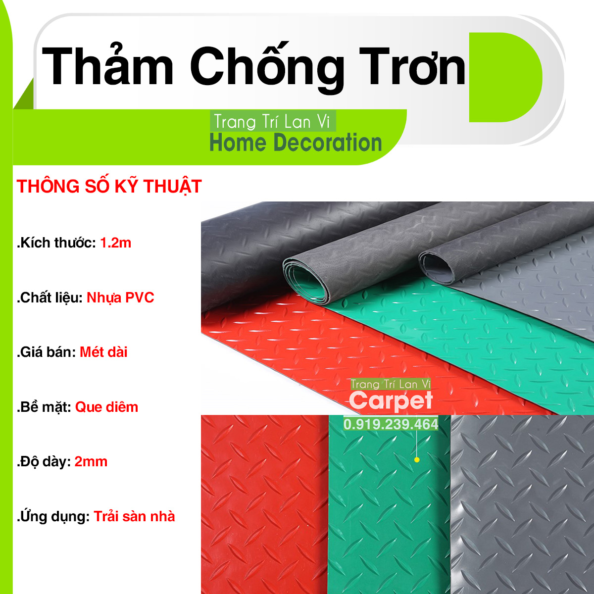 Thảm nhựa que diêm chống trơn trượt cho sàn nhà nhiều màu dày 2mm khổ rộng 1.2m