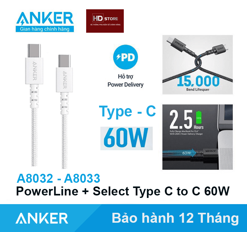 Cáp sạc anker usb-c to usb-c 60w sạc nhanh pd - a8032 a8033 powerline select + dài 0.9 1.8 mét c to c 3a cho samsung ipad pro macbook air pro laptop