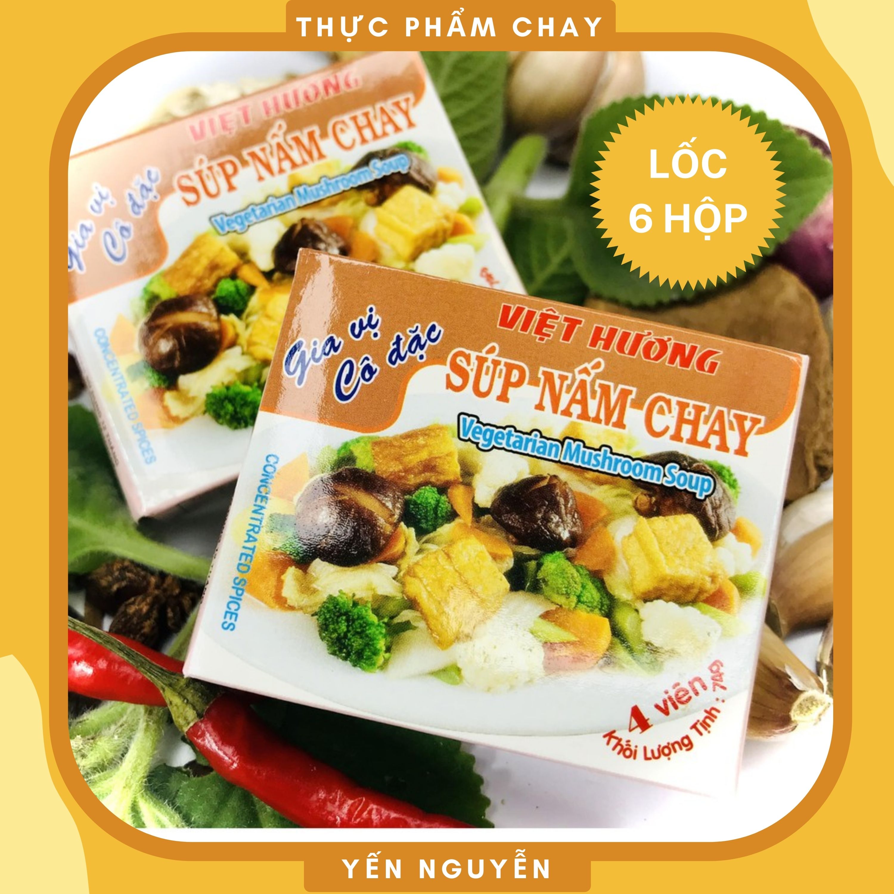 Lốc 06 Hộp Gia vị Súp nấm chay cô đặc Việt Hương Hộp 4 viên 74g Siêu tiết kiệm - Sử dụng tiện lợi, làm tăng hương vị đậm đà cho món ăn - Thực Phẩm Chay Yến Nguyễn