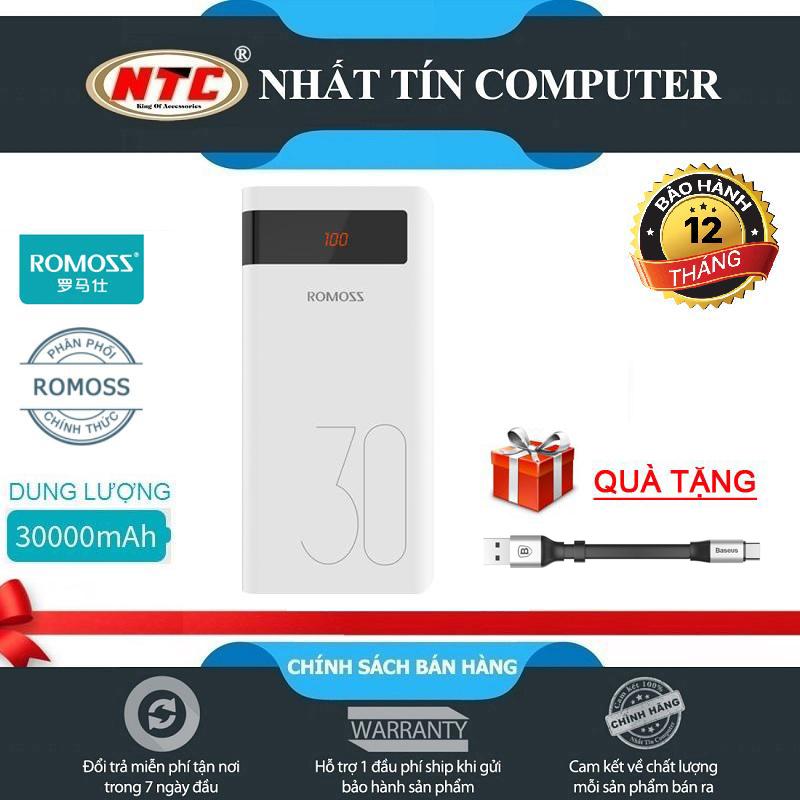 Pin sạc dự phòng Romoss Sense 8P 30000mAh có LCD + tặng cáp Basues 23cm TypeC (Trắng) - Hãng phân phối chính thức - Nhất Tín Computer