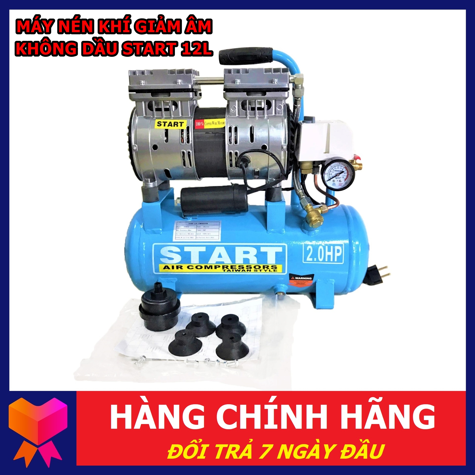 Máy nén khí không dầu đài loan - tự động nạp khí - không gây ồn - bơm xịt hơi / phun sơn / bắn đinh, công suất 2hp, nén 8kg, bình 12l - start