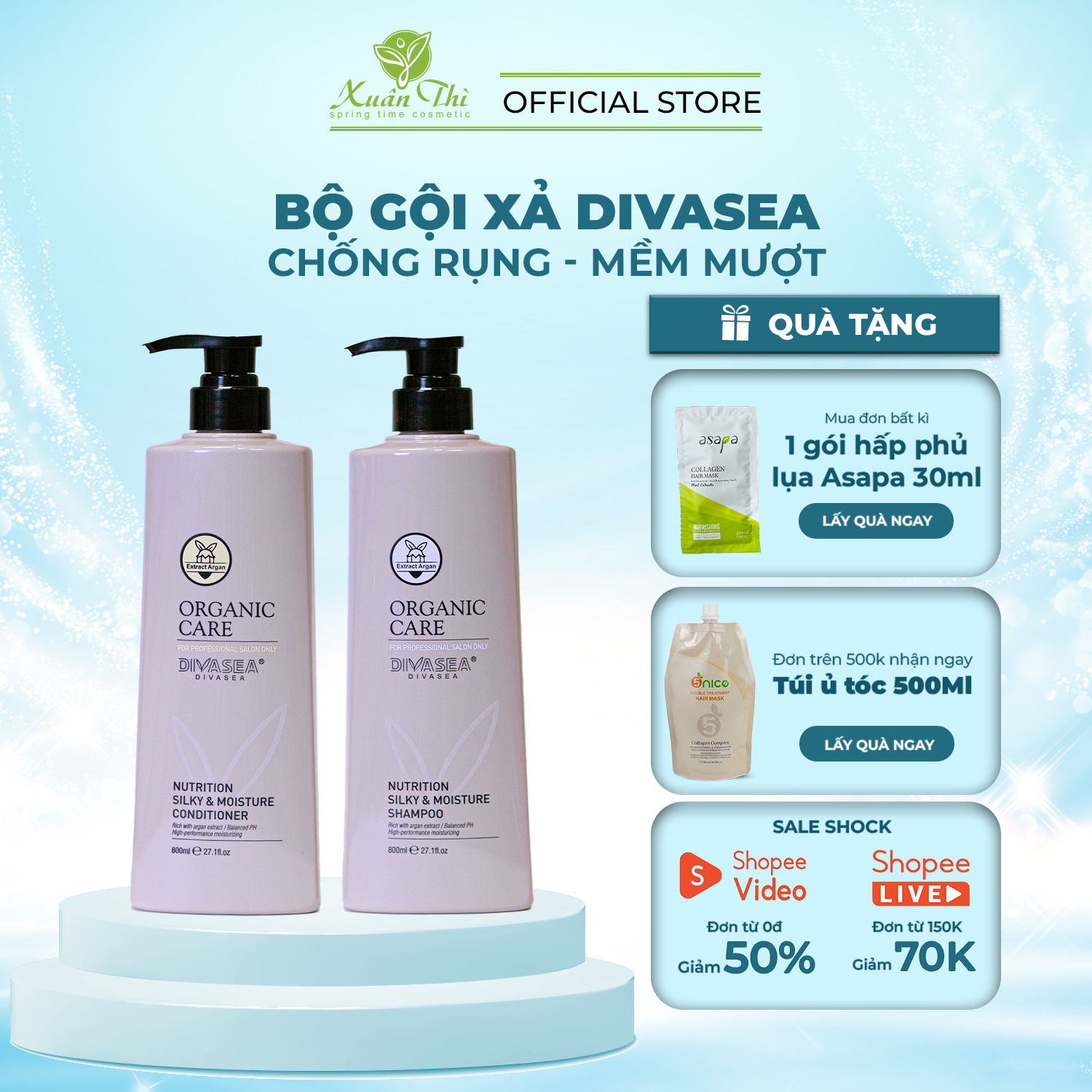 Dầu gội hữu cơ dưỡng tóc chuyên sâu, ngăn gãy rụng, phục hồi tóc hư tổn - Divasea Organic Care 800ml - Mỹ phẩm Xuân Thì