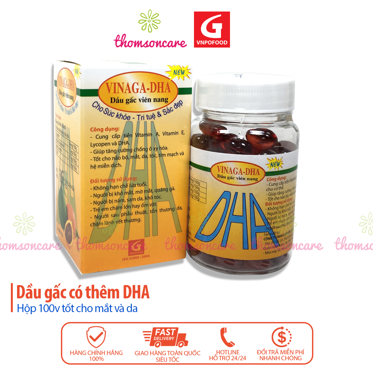 Dầu gấc Vinaga Sáng mắt đẹp da DHA - từ tinh dầu gấc hộp 100v bổ mắt giảm cận thị mờ mắt giảm lão hóa