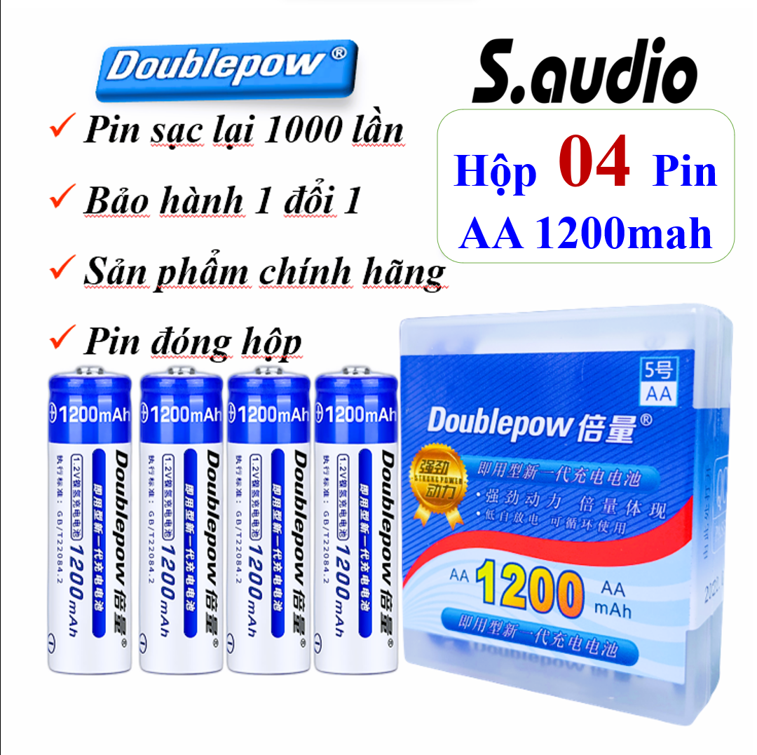 Hộp 4 pin aa 1200 mah tiểu sạc lại doublepow 1200 mah 2a, aa dung lượng thực - hàng chính hãng