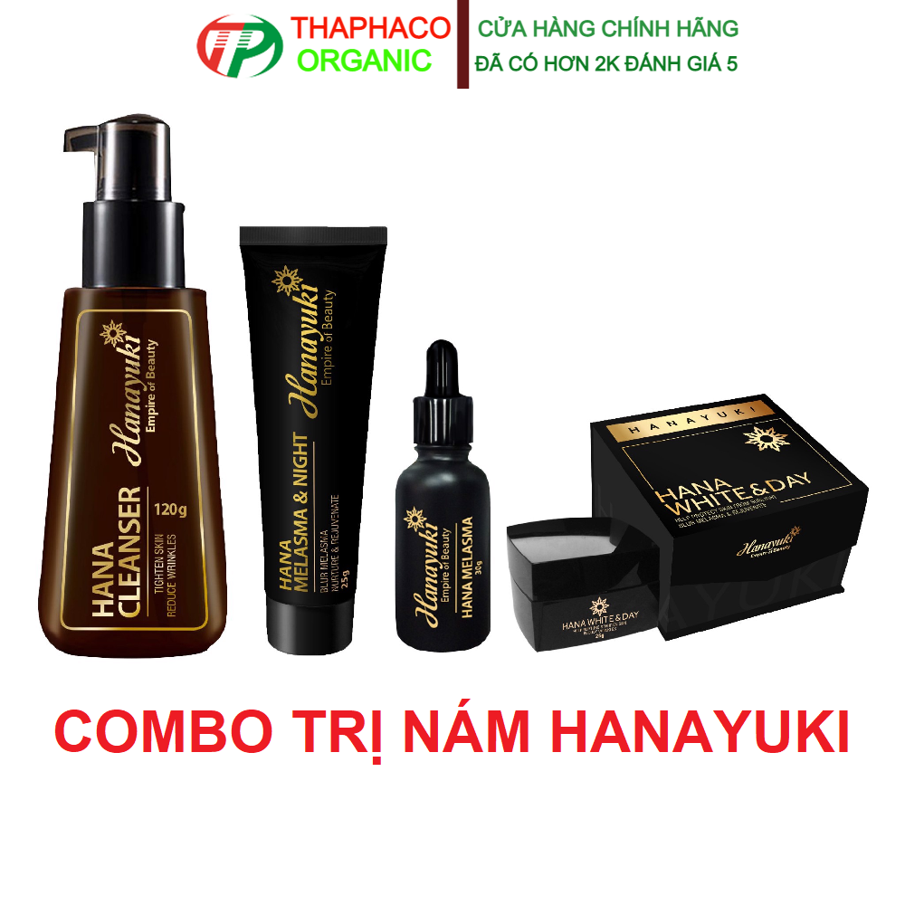 Combo nám hanayuki gồm: sữa rửa mặt, kem dưỡng ban ngày, kem nám ban đêm, serum nám hanayuki