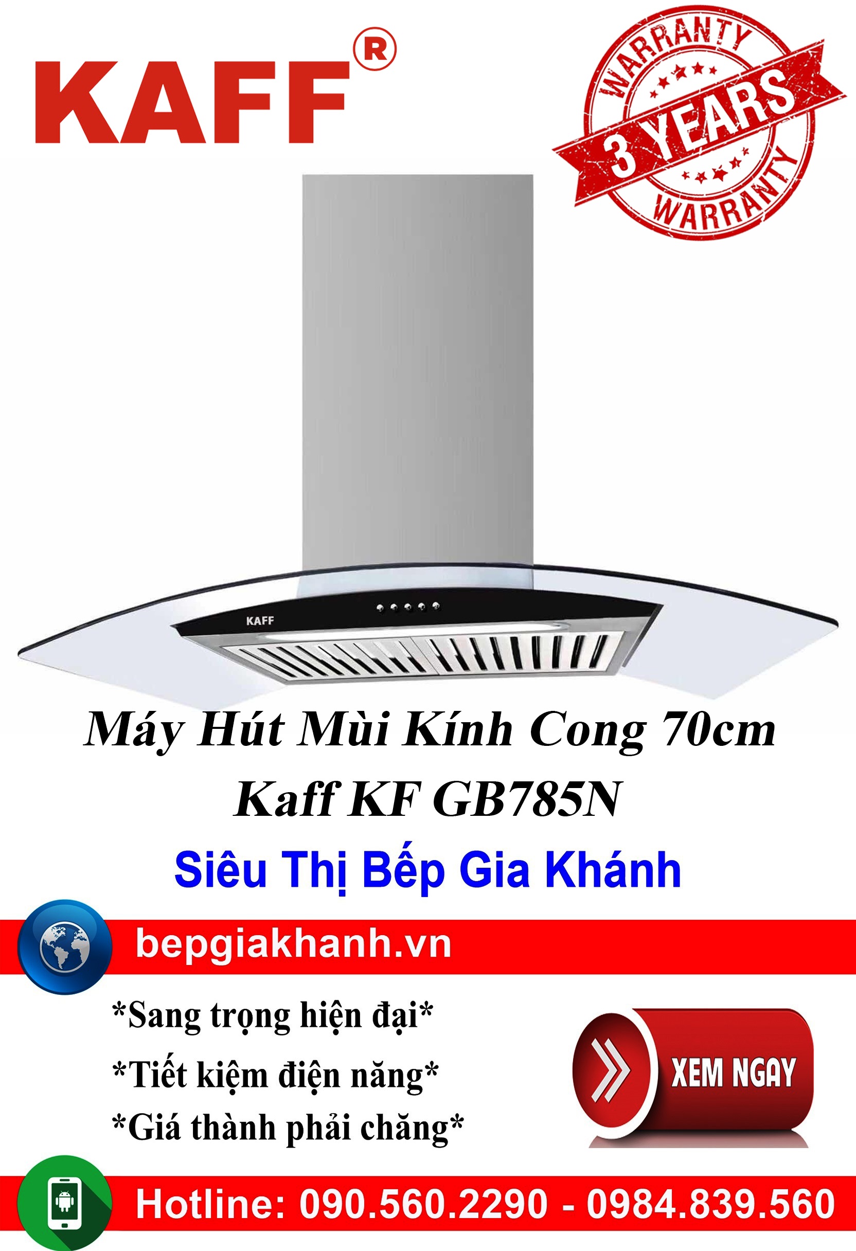 Máy hút mùi kính cong 70cm Kaff KF GB785N, máy hút mùi nhà bếp, máy hút mùi bếp, máy hút mùi kính co