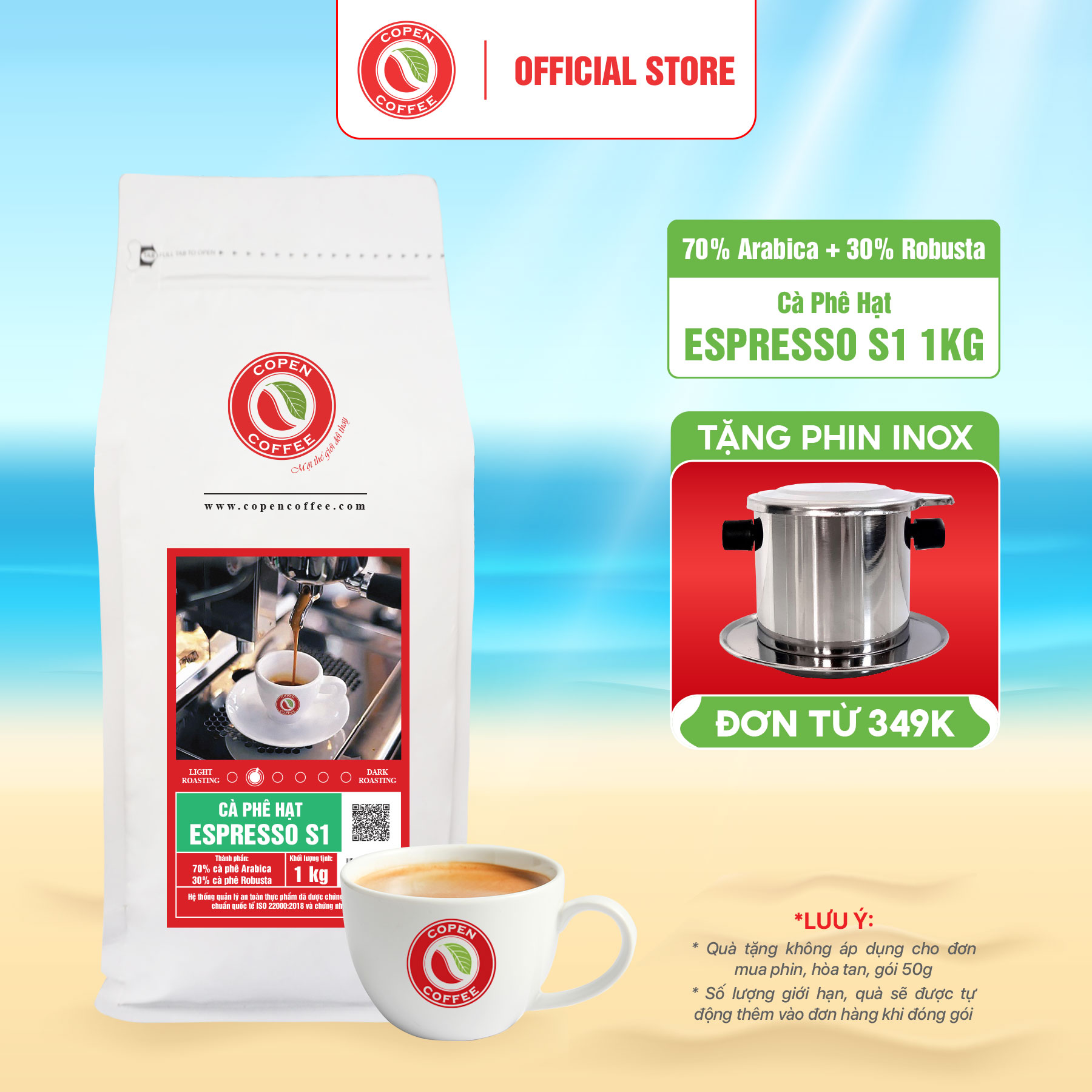 Cà phê nguyên chất blend Arabica & Robusta - Espresso S1 Copen Coffee 1KG - dành cho pha phin pha máy Espresso