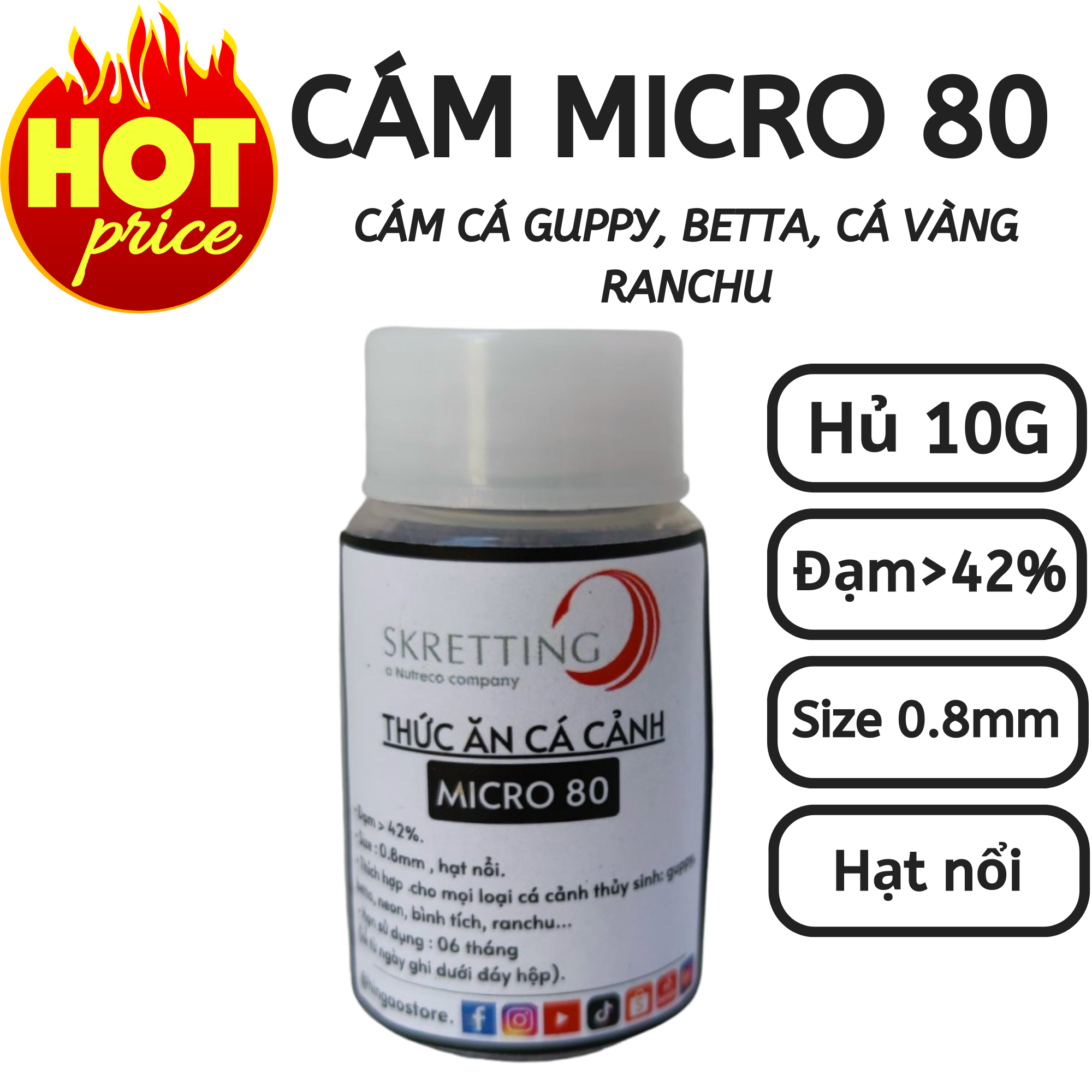Hủ 10g cám micro 80 phù hợp cho mọi loại cá thủy sinh guppy, betta, ranchu, cá vàng | hingaostore.