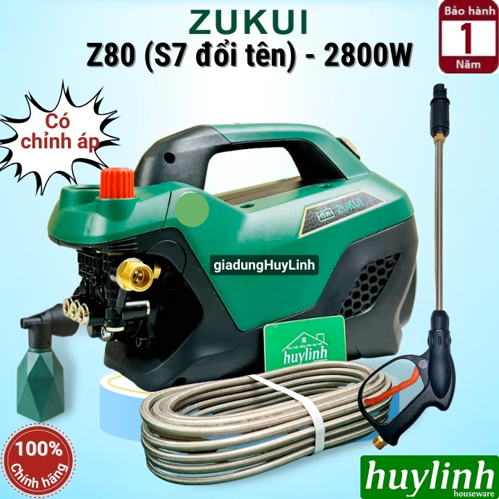 Máy bơm xịt rửa xe chỉnh áp Zukui Z80 tên cũ Zukui S7 - Công suất 2800W - Dây cao áp 15 mét - Motor cảm ứng từ - Hàng chính hãng