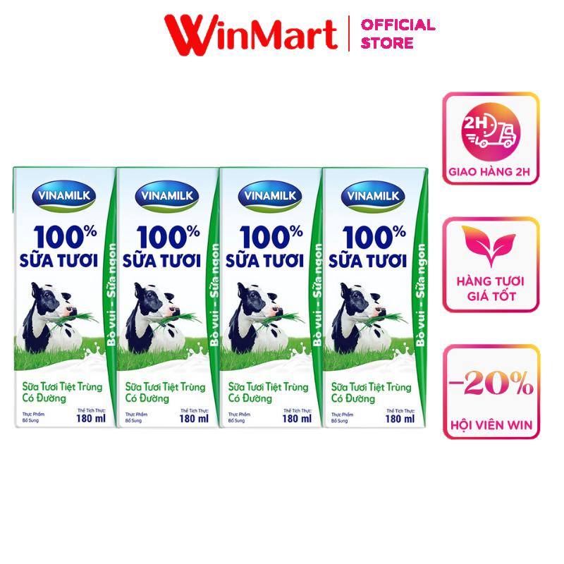 [Siêu thị WinMart] - Sữa tươi tiệt trùng Vinamilk có đường L4 hộp x 180ml