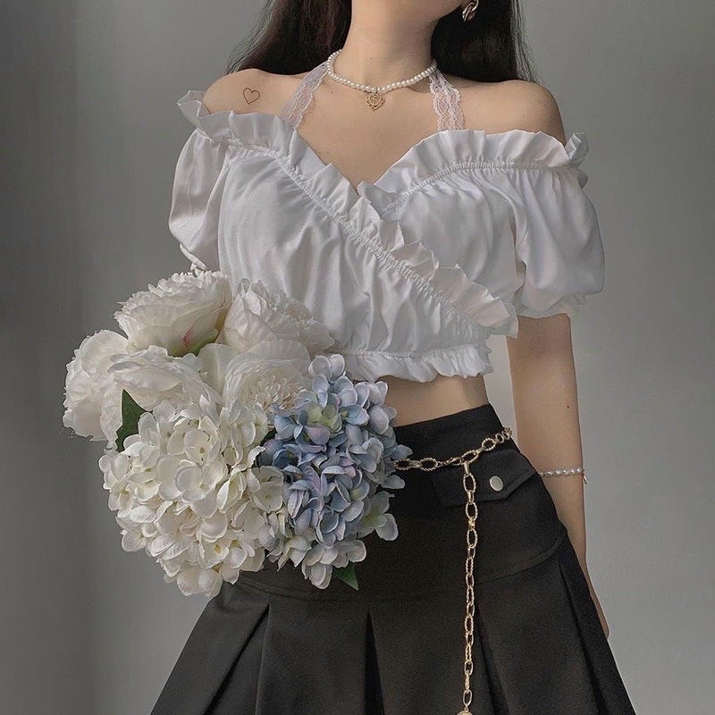 Áo kiểu croptop bẹt vai phối ren nhỏ xinh a33 love 24
