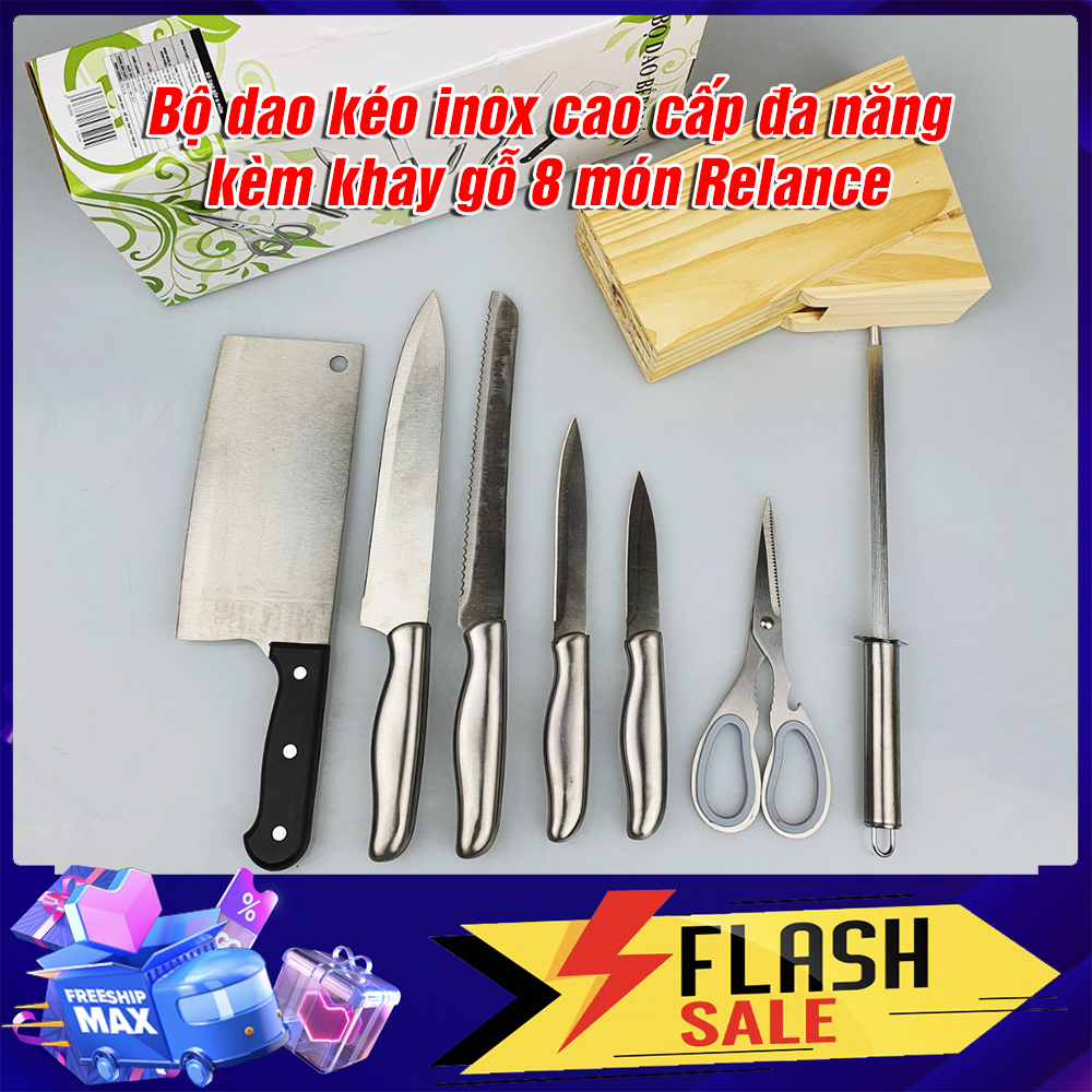 Bộ dao kéo inox cao cấp đa năng kèm khay gỗ 8 món Relance danh cho cac bà noi trợ